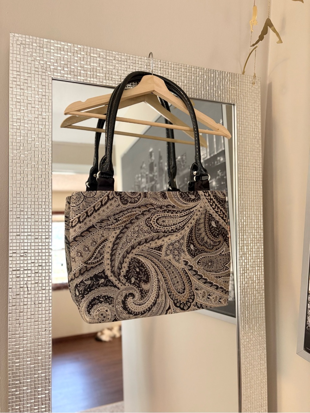 Vintage Black and Cream Paisley beaded Tote Bag